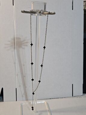 Hand Crafted Black Bead Station Silver Chain Necklace